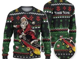 Custom Funny Holiday Cool Skateboard Santa Ugly Christmas Sweater - Image 1