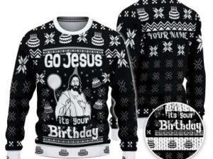 Custom Funny Holiday Happy Jesus Birthday Black Ugly Christmas Sweater - Image 1