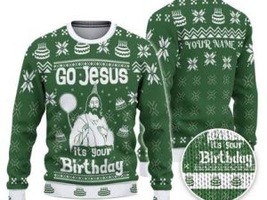 Custom Funny Holiday Happy Jesus Birthday Green Ugly Christmas Sweater - Image 1