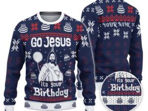 Custom Funny Holiday Happy Jesus Birthday Navy Ugly Christmas Sweater - Image 1