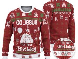 Custom Funny Holiday Happy Jesus Birthday Red And Green Ugly Christmas Sweater - Image 1