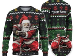 Custom Funny Holiday Japan Samurai Santa Ugly Christmas Sweater - Image 1