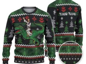Custom Funny Holiday Jesus Riding Dinosaur Ugly Christmas Sweater - Image 1
