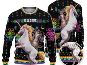 Custom Funny Holiday Ninja Cat And Unicorn Ugly Christmas Sweater - Image 1
