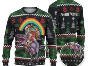 Custom Funny Holiday Rainbow Santa Dinosaur T Rex Ugly Christmas Sweater - Image 1