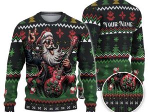 Custom Funny Holiday Rocker Guitar Santa Ugly Christmas Sweater - Image 1