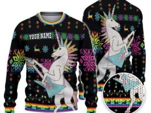 Custom Funny Holiday Rocker Unicorn Ugly Christmas Sweater - Image 1