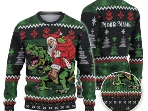Custom Funny Holiday Santa Riding Dinosaur Ugly Christmas Sweater - Image 1