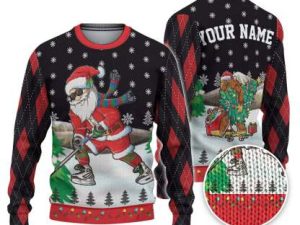 Custom Funny Holiday Santa Sport Hockey Ugly Christmas Sweater - Image 1