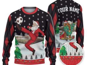 Custom Funny Holiday Santa Sport Soccer Ugly Christmas Sweater - Image 1
