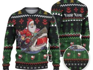 Custom Funny Holiday Shark Riding Santa Ugly Christmas Sweater - Image 1