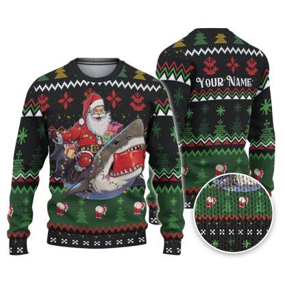 custom funny holiday shark riding santa ugly christmas sweater 1 Custom Funny Holiday Shark Riding Santa Ugly Christmas Sweater - Image 1