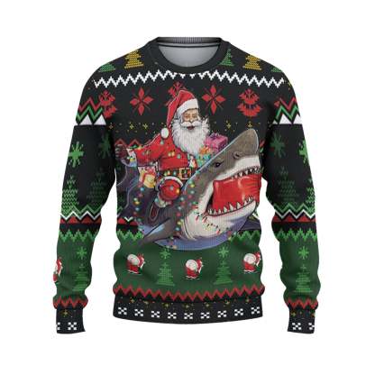 custom funny holiday shark riding santa ugly christmas sweater 2 Custom Funny Holiday Shark Riding Santa Ugly Christmas Sweater - Image 2