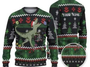 Custom Funny Holiday Silly Dinosaur Raptor Ugly Christmas Sweater - Image 1