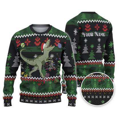 custom funny holiday silly dinosaur raptor ugly christmas sweater 1 Custom Funny Holiday Silly Dinosaur Raptor Ugly Christmas Sweater - Image 1
