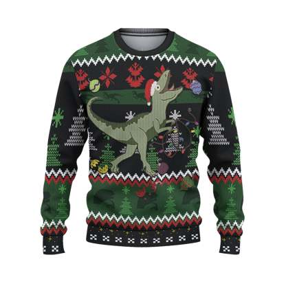 custom funny holiday silly dinosaur raptor ugly christmas sweater 2 Custom Funny Holiday Silly Dinosaur Raptor Ugly Christmas Sweater - Image 2