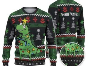 Custom Funny Holiday Silly Face Dinosaur T Rex Ugly Christmas Sweater - Image 1