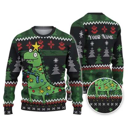 custom funny holiday silly face dinosaur t rex ugly christmas sweater 1 Custom Funny Holiday Silly Face Dinosaur T Rex Ugly Christmas Sweater - Image 1