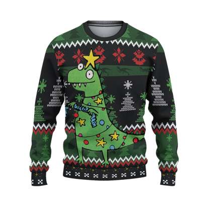 custom funny holiday silly face dinosaur t rex ugly christmas sweater 2 Custom Funny Holiday Silly Face Dinosaur T Rex Ugly Christmas Sweater - Image 2