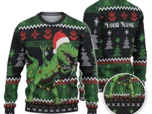 Custom Funny Holiday Singing T Rex Ugly Christmas Sweater - Image 1