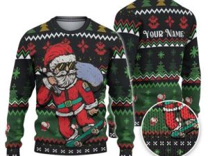 Custom Funny Holiday Skate Board Santa Ugly Christmas Sweater - Image 1