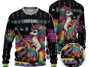 Custom Funny Holiday Unicorn Riding T Rex Ugly Christmas Sweater - Image 1