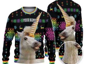 Custom Funny Holiday Unicorn Smile Ugly Christmas Sweater - Image 1