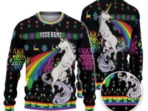 Custom Funny Holiday Unicorn Throw Up Rainbow Ugly Christmas Sweater - Image 1