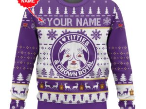 Custom Name Crown Royal Titties Funny Ugly Christmas Sweater - Image 1