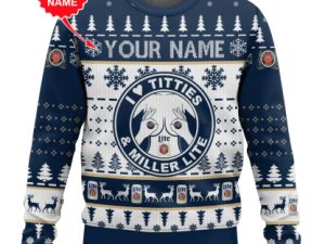 Custom Name Miller Lite Titties Funny Ugly Christmas Sweater - Image 1