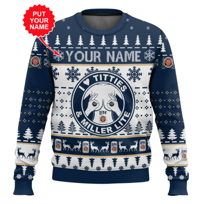 custom name miller lite titties funny ugly christmas sweater 1 Custom Name Miller Lite Titties Funny Ugly Christmas Sweater - Image 1