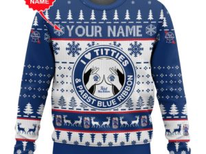 Custom Name Pabst Blue Ribbon Titties Funny Ugly Christmas Sweater - Image 1