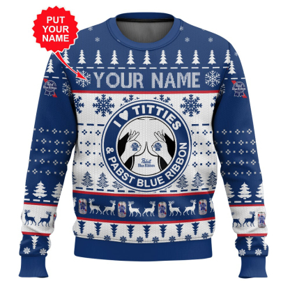 custom name pabst blue ribbon titties funny ugly christmas sweater 1 Custom Name Pabst Blue Ribbon Titties Funny Ugly Christmas Sweater - Image 1