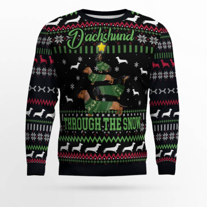 dachshund through snow christmas ugly christmas sweater 1 Dachshund Through Snow Christmas Ugly Christmas Sweater - Image 1