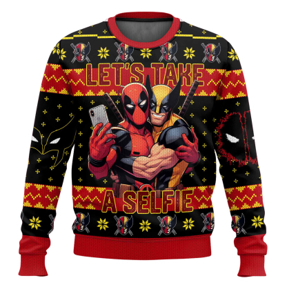 deadpool and wolverine lets take a selfie ugly christmas sweater 1 Deadpool And Wolverine Lets Take A Selfie Ugly Christmas Sweater - Image 1