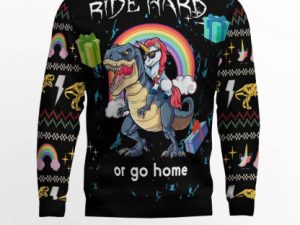 Dinosaur Unicorn Ride Hard Ugly Christmas Sweater - Image 1