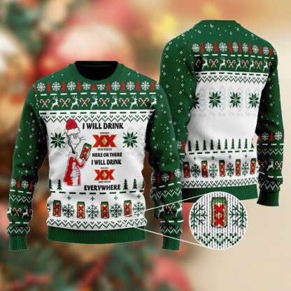 dos equis cat hat will drink everywhere ugly christmas sweater 1 Dos Equis Cat Hat Will Drink Everywhere Ugly Christmas Sweater - Image 1