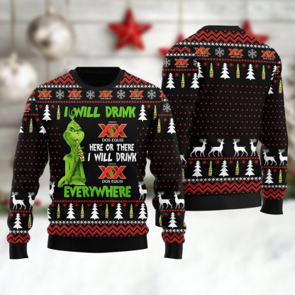 dos equis grinch will drink everywhere ugly christmas sweater 1 Dos Equis Grinch Will Drink Everywhere Ugly Christmas Sweater - Image 1