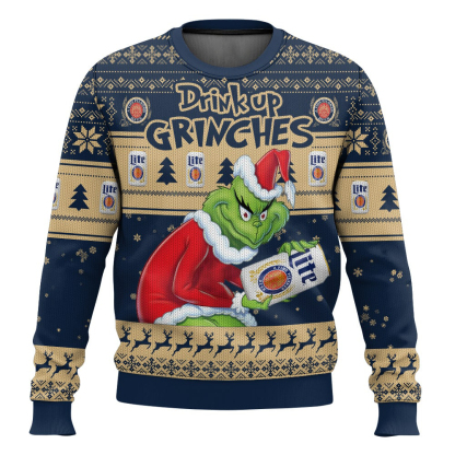 drink up grinches miller lite ugly christmas sweater 1 Drink Up Grinches Miller Lite Ugly Christmas Sweater - Image 1