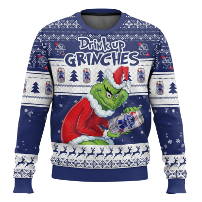 drink up grinches pabst blue ribbon ugly christmas sweater 1 Drink Up Grinches Pabst Blue Ribbon Ugly Christmas Sweater - Image 1