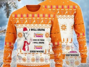 Dunkin Donuts Cat Hat Will Drink Everywhere Ugly Christmas Sweater - Image 1