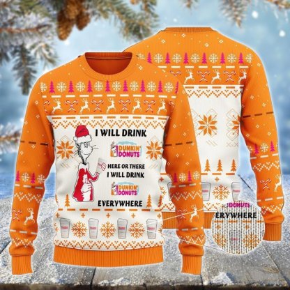 dunkin donuts cat hat will drink everywhere ugly christmas sweater 1 Dunkin Donuts Cat Hat Will Drink Everywhere Ugly Christmas Sweater - Image 1