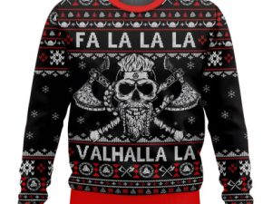 Fa La La Valhalla Viking Skull Ugly Christmas Sweater - Image 1