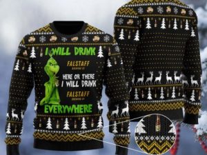 Falstaff Grinch Will Drink Everywhere Ugly Christmas Sweater - Image 1