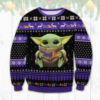 fedex baby yoda ugly christmas sweater 1 Fedex Baby Yoda Ugly Christmas Sweater - Image 1