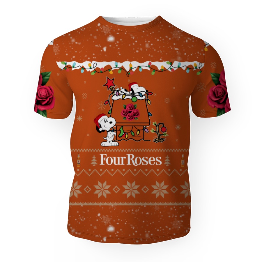 four roses american merry christmas snoopy house cute fan gift 3d unisex t shirt 1 Four Roses American Merry Christmas, Snoopy House Cute Fan Gift-3D Unisex T-Shirt - Image 1