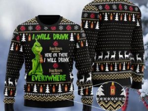 Four Roses Grinch Will Drink Everywhere Ugly Christmas Sweater - Image 1