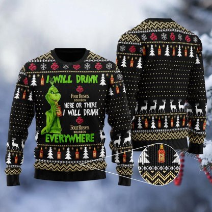 four roses grinch will drink everywhere ugly christmas sweater 1 Four Roses Grinch Will Drink Everywhere Ugly Christmas Sweater - Image 1