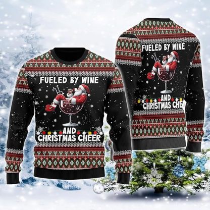 fuelled by wine christmas cheer ugly christmas sweater 1 Fuelled By Wine Christmas Cheer Ugly Christmas Sweater - Image 1