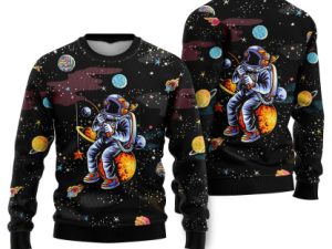 Funny Astronaut Fishing In Space Ugly Christmas Sweater - Image 1